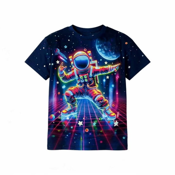 Byoo Big Boys Neon Astronaut Graphic Crew Neck T-Shirt Short Sleeve Tee for Playtime,Dark Blue
