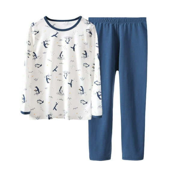 Byoo Big Boys Outfit Penguin Print Long Sleeve Round Neck Pullover Top Pants Sleepwear Loose Comfy Nightwear for Kids