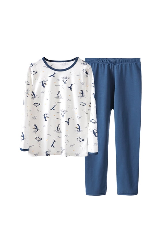 Big Boys Outfit Penguin Print Long Sleeve Round Neck Pullover Top Pants Sleepwear Loose Comfy Nightwear for Kids