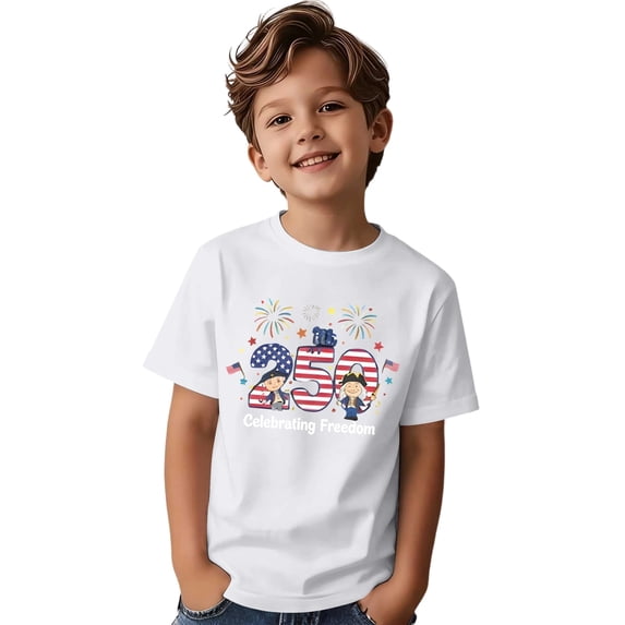 Byoo Big Boys Patriotic 250th Celebration T Shirt Casual Short Sleeve Graphic Tee for Holiday Events,White