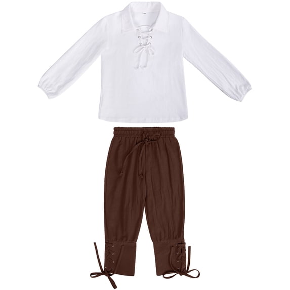 Byoo Big Boys' Renaissance Pirate Outfit Set Solid Color Long Sleeve Lace-Up Shirt and Trousers Clothes Set,Brown
