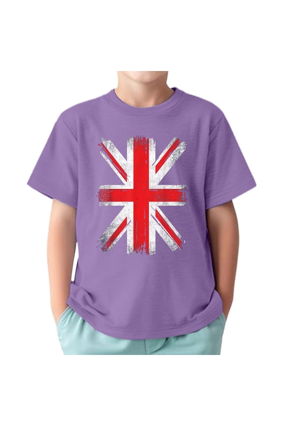 Big Boys Retro British Flag Print T Shirts Vintage Crew Neck Tshirt with Short Sleeves Casual Daily T Shirt,Purple