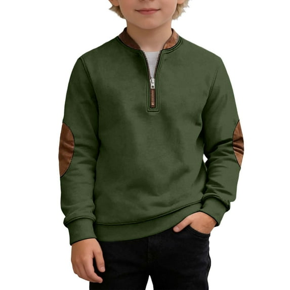 Byoo Big Boys Sweatshirts Colorblock Long Sleeve Crewneck Zipper Pullover Top for Kids Soft Daily Sweatshirt, Dark Green