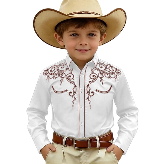 Byoo Big Boys T Shirt Western Embroidered Floral Pattern Long Sleeve Button-Down Cow Boy Shirt,White