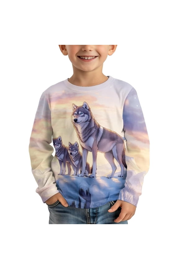 Big Boys Wolf Printed T Shirt Casual Long Sleeve Crew Neck Soft Daily Tee Shirt,Purple