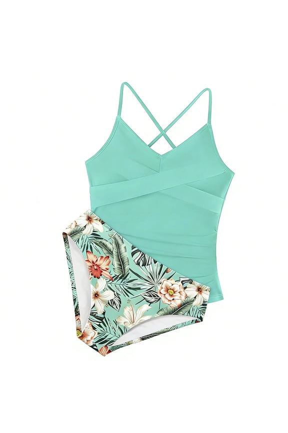 Big Girl 2 Piece Swimwear Crisscross Strap Camisole Top Floral Graphic Bottom Tankini Swimsuit