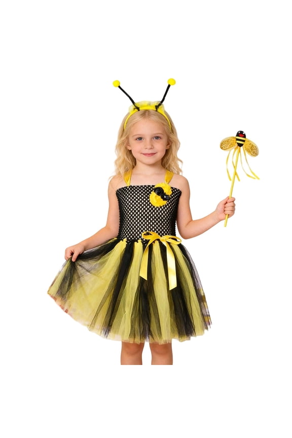 Big Girl Bee Themed Tutu Dress with Antenna Headband Mesh Bodice Flared Dresses Summer Soft Tutu Dress,Yellow