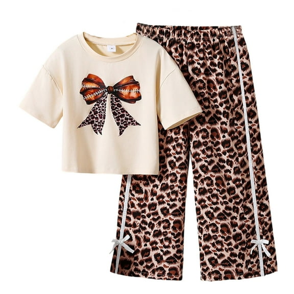 Byoo Big Girl Bow Leopard Print Outfit Short Sleeve Tee Wide Leg Pants 2PC Sets Kids Comfortable Cloth Sets