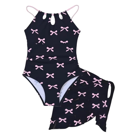 Byoo Big Girl Bow Pattern Swimwear Halter Neck One Piece with Skirt Cover Up Pool Beach Bathing Suit,Gray