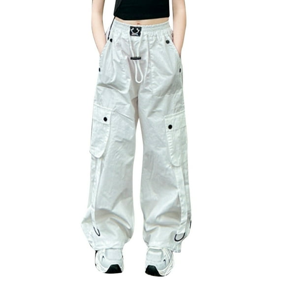 Byoo Big Girl Cargo Pants Solid Color Straight Leg Wide Leg Elastic Waist Sport Jogger Pants Casual Baggy Harem Pants