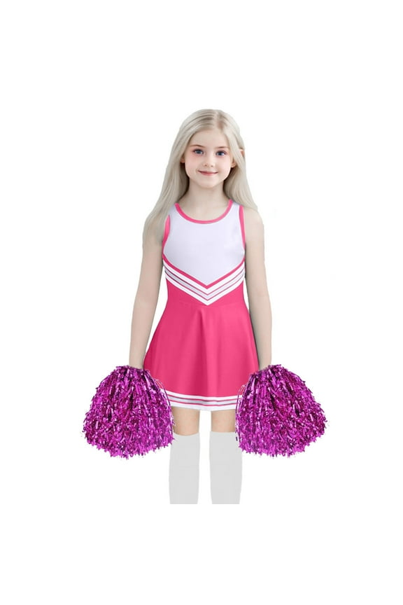 Big Girl Cheerleader Outfit Set Sleeveless Cheer Dress with Pom Poms Cloth Set Sporty Team Spirit Tracksuit