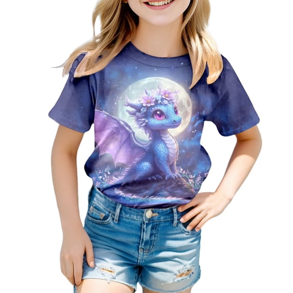 Byoo Big Girl Cute Dragon Graphic T-Shirt Unisex Basic Crew Neck Short Sleeve Tee Shirt for Kids Soft Comfy Pullover Top