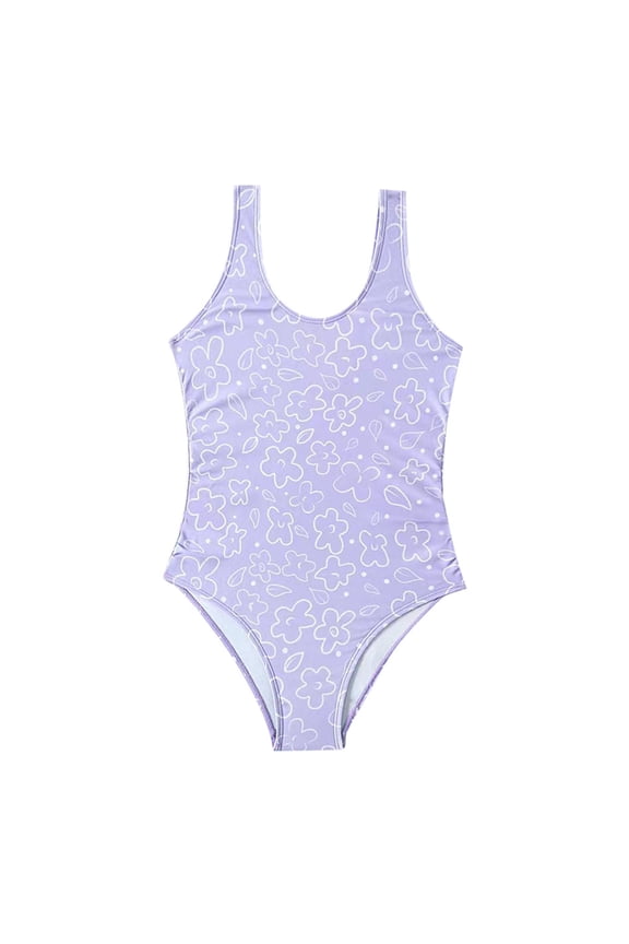 Big Girl Floral Printed Swimsuit One Piece Scoop Neck Wide Strap Pool Beach Bathing Suit,Purple