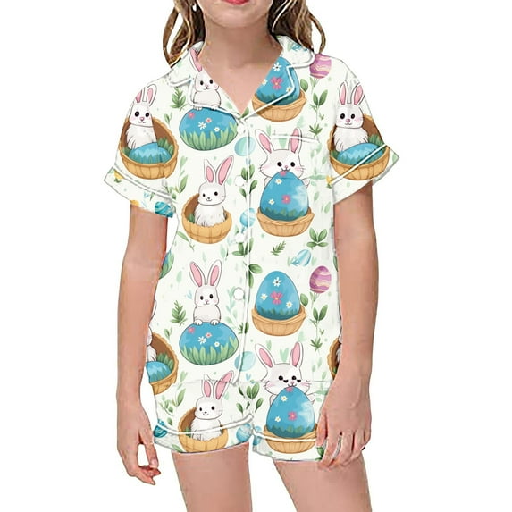 Byoo Big Girl Graphic Homewear Set Easter Bunny Egg Print Buttons Shirt Shorts Sleepwear Outfit Casual Home Clothes Set