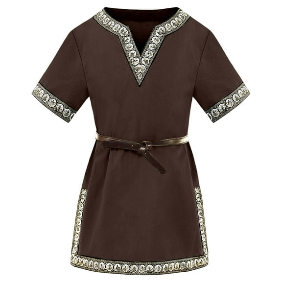 Byoo Big Girl Medieval Viking Tunic Dress Embroidered Trim V-Neck Short Sleeve Durable Dress with Belt Com Shiny 2pc Outfits