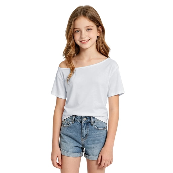 Byoo Big Girl Off Shoulder Tee Shirt Solid Short Sleeve Boat Neck Casual Basic Fitted Daily Top