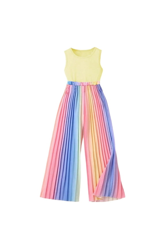 Big Girl Rainbow Pleated Outfit Set O-Neck Sleeveless Tank Top Wide Leg Pants Cloth Set Soft Comfy Tracksuit Sets