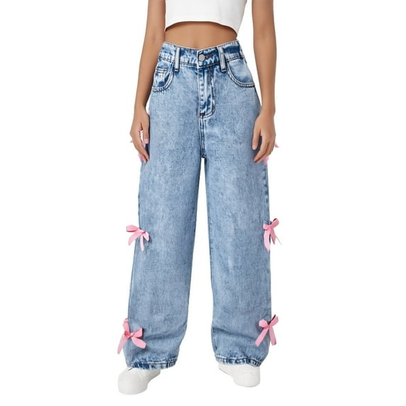 Byoo Big Girl s Jeans Pink Bow Decoration Wide Leg High Elastic Waisted Baggy Cute Denim Pants Streetwear Durable Kids Trousers