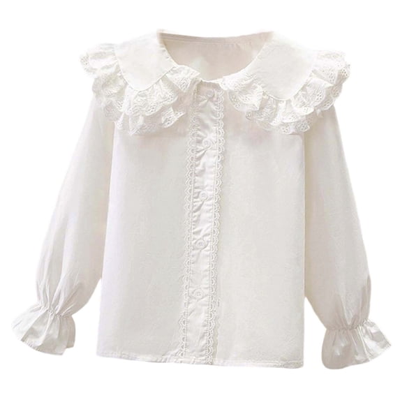Byoo Big Girl's Lace Trim Blouse Solid Long Sleeve Peter Pan Collar Ruffled Button Down Shirt Soft Comfy Cute T Shirt