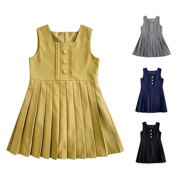 Byoo Big Girl's Solid Gold Button Pleated Jumper Dress Sleeveless Back To School Uniform Daily Dresses