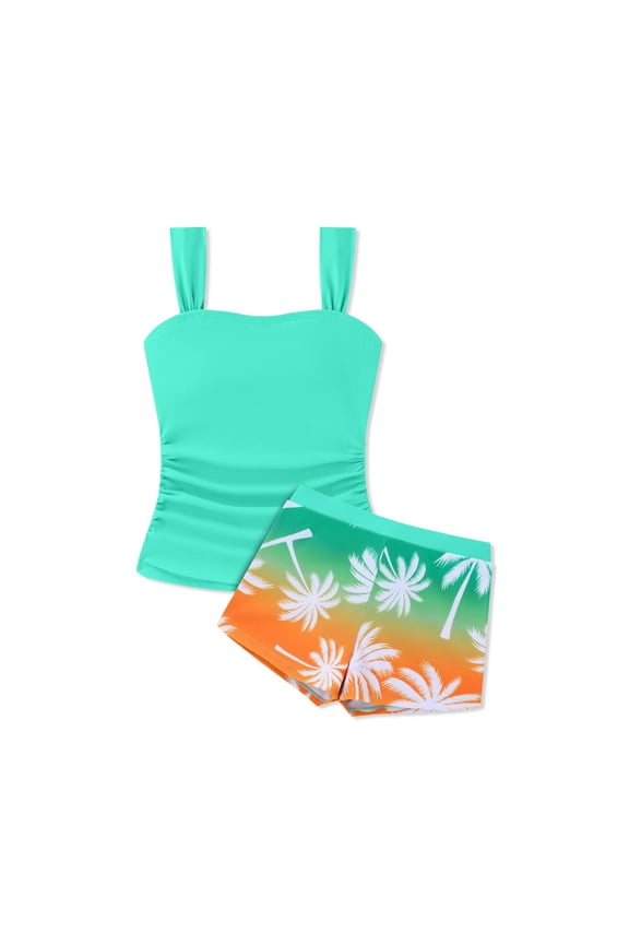 Big Girl's Solid Tankini Swimsuit Wide Palm Tree Print Rash Guard Shorts Swim Set UPF Sun Protection Quick Dry Bathing Suit