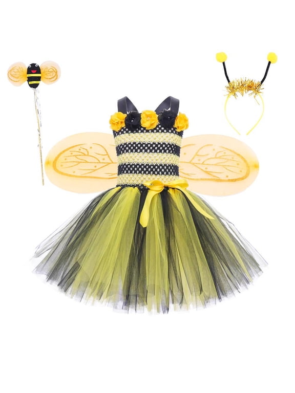 Big Girls Bumble Bee Tutu Dress Tulle Fluffy Detachable Wings Lightweight Spaghetti Strap Dresses Mardi Gras Dress for Kids