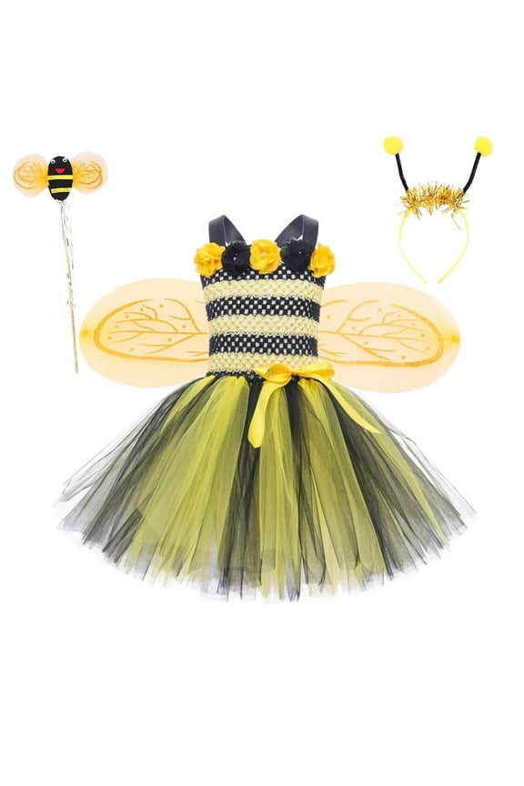Big Girls Bumble Bee Tutu Dress Tulle Fluffy Detachable Wings Lightweight Spaghetti Strap Dresses Mardi Gras Dress for Kids