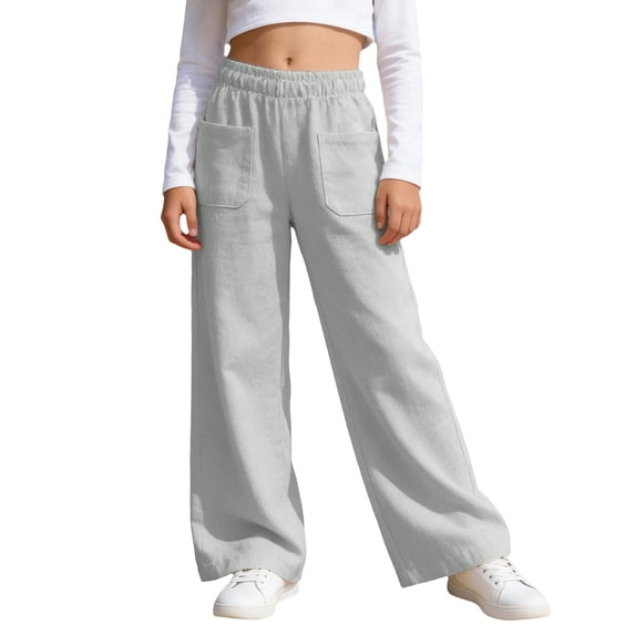 Byoo Big Girls Casual Linen Pants Solid Color Elastic Waist Wide Leg ...