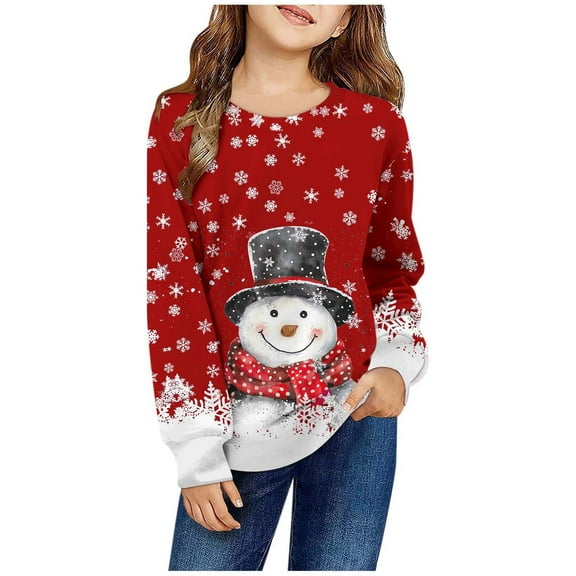 Byoo Big Girls Christmas Sweatshirt Snowman Print Round Neck Long Sleeved Casual Soft Pullover Top for Children Xmas Shirt