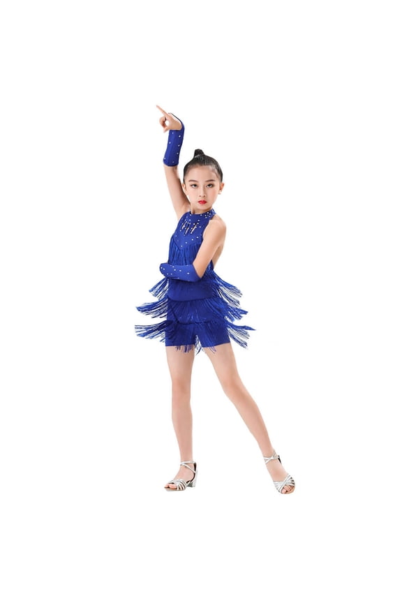 Big Girls Fringe Latin Dance Dress Rhinestone Halter Performance Solid Outfit With Arm Sleeves