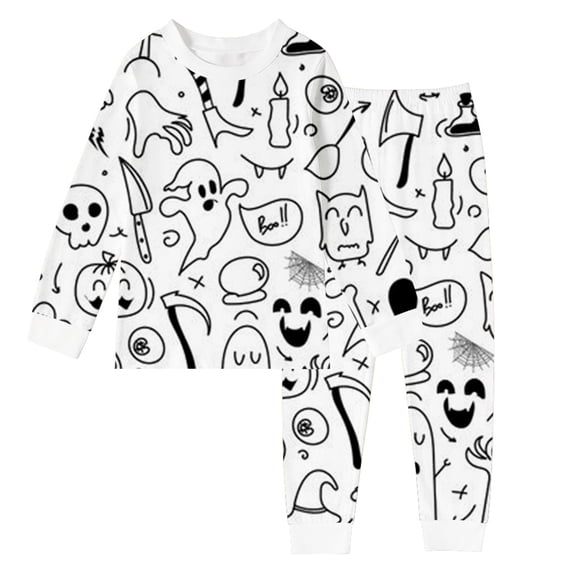 Byoo Big Girls Fun Halloween Sleepwear Set Round Neck Printed Nightwear Sets Rest Homewear Set,White