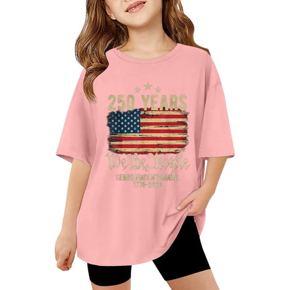 Byoo Big Girls Graphic Tshirt America's 250th Anniversary 1776-2026 Flag Print Comfortable T Shirt Active Pullover Top, Pink