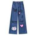 thumbnail image 1 of Byoo Big Girls Jeans Casual Butterfly Letter Graphic Wide Leg High Waisted Pull-On Denim Trousers Kids Pants, 1 of 9