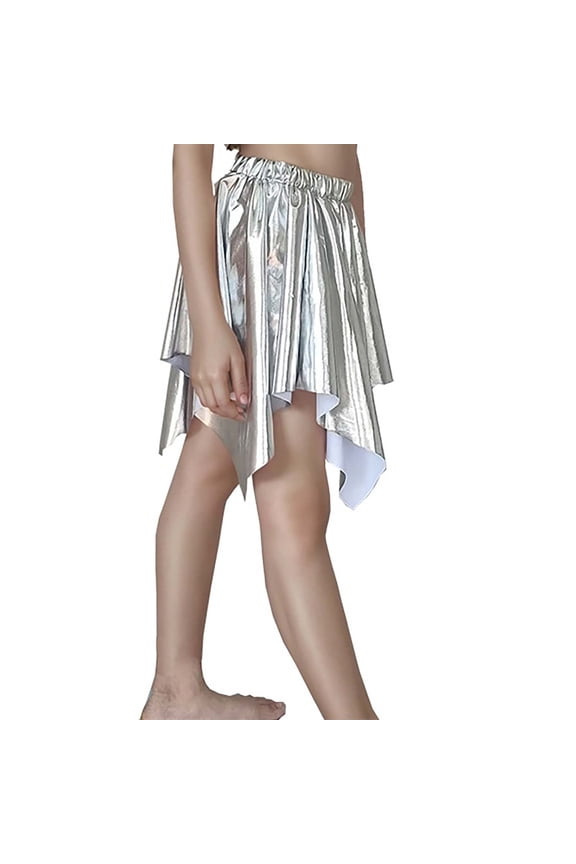 Big Girls' Metallic Asymmetrical SkirtS Solid Color Shiny Irregular Hem Dance Skirt Party Summer Soft Skirt,Silver