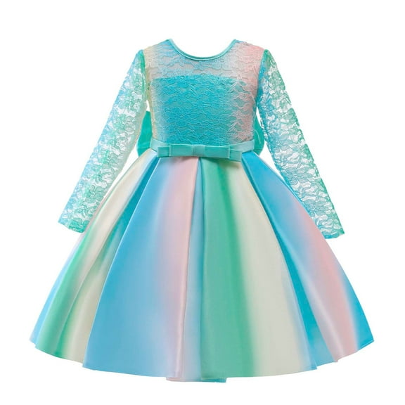 Byoo Big Girls Multicolor Dress Mardi Gras Full Sleeve Round Neck Party Gown with Bowknot Kids Soft Daily Kids Dresses
