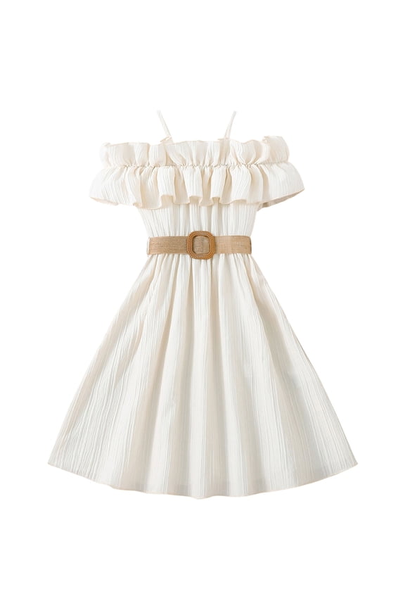 Big Girls Off Shoulder Ruffle Dress Belted A Line Summer Solid Sundress,White