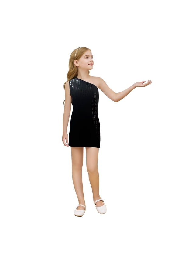 Big Girls One-Shoulder Gown Carnival Sequin Solid Color Kids Skinny Wrap Dresses Comfort Active Dress Black