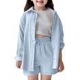 thumbnail image 1 of Byoo Big Girls Outfits Set Solid Color Oversized Button Down Shirt Drawstring Shorts Kids Outfit Soft Breathable Clothes Set, 1 of 9
