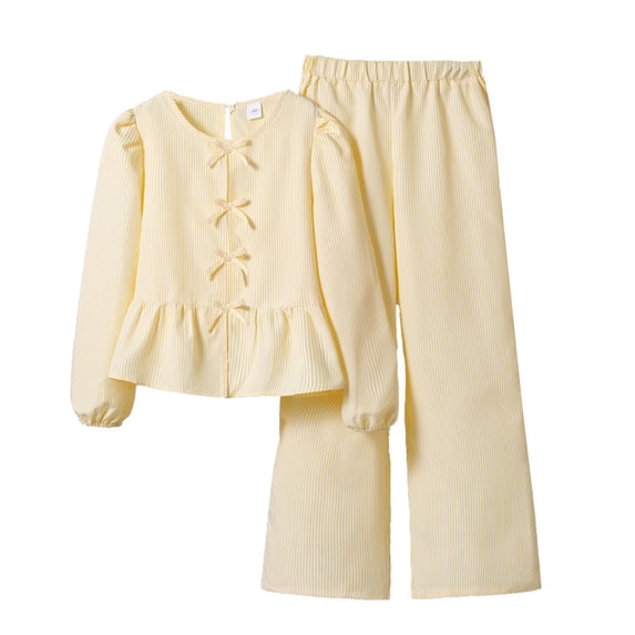 Byoo Big Girls Outfits Solid Color Ruffle Long Sleeve Shirt and Pants Set with Bow Tie