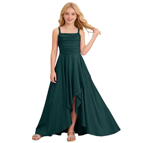 Byoo Big Girls Party Dress Solid Color Satin High-Low Ruched Bodice Maxi Dress Versatile Spaghetti Strap Gown,Dark Green