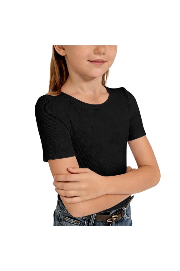Big Girls Ribbed Knit Short Sleeve Crew Neck Crop Top Casual Fitted Basic Tee,Black