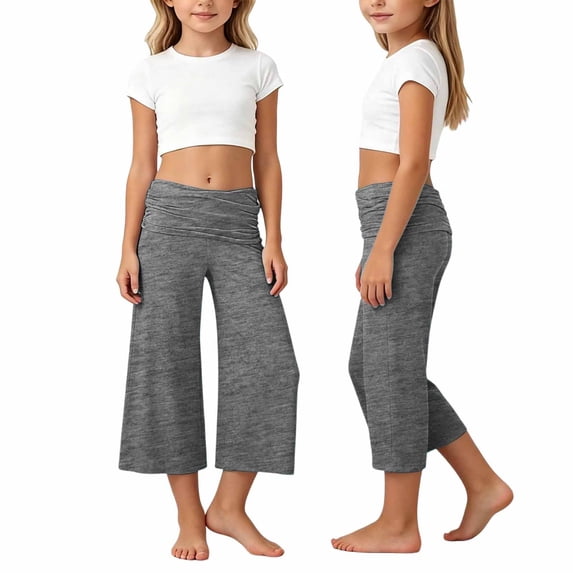 Byoo Big Girls' Ruched Waist Cropped Pants Soft Solid Color Wide Leg Casual High Waist Trousers