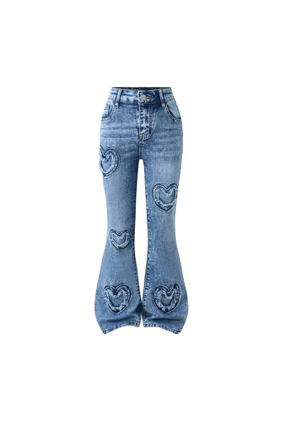 Big Girls Skinny Flared Jeans Heart Print Pocket Button Washed Denim Pants Soft Slim Fit Tights for Kids