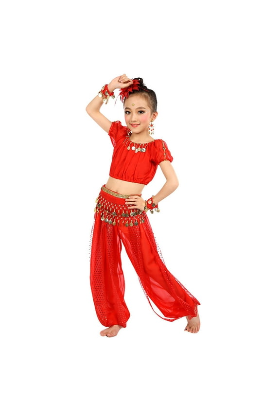 Big Girls Solid Belly Dance Outfit Sequined Chiffon Set With Coin Decorations For Stage Performance