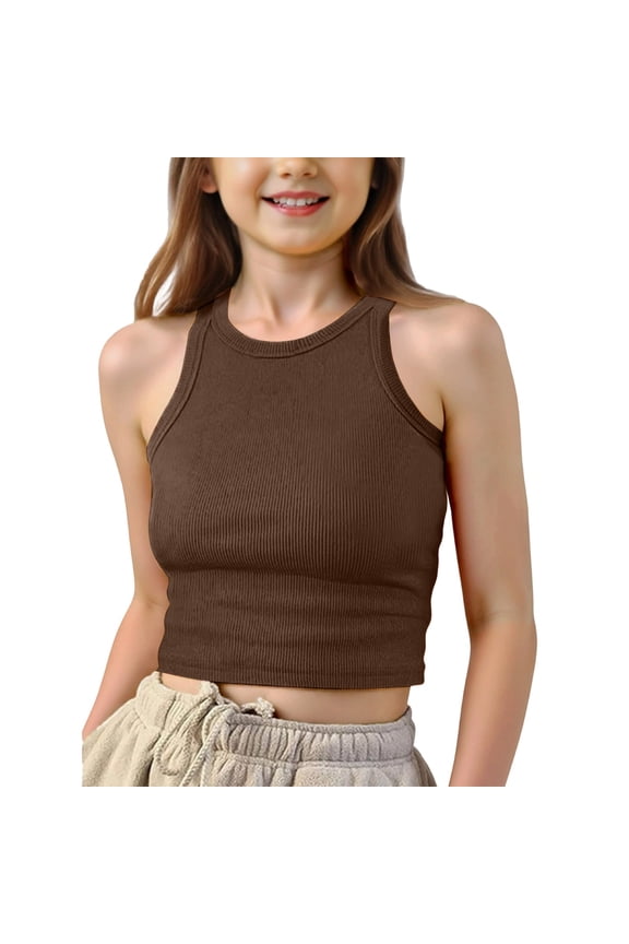 Big Girls Solid Color Ribbed Tank Tee Sleeveless Cropped Stretchy Snug Fit Knit Top Soft Comfy Basic T Shirt