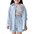 thumbnail image 1 of Byoo Big Girls Solid Outfit Set Crinkle Texture Long Sleeve Button Down Shirt Drawstring Shorts Cloth Set Comfortable Tracksuit, 1 of 8