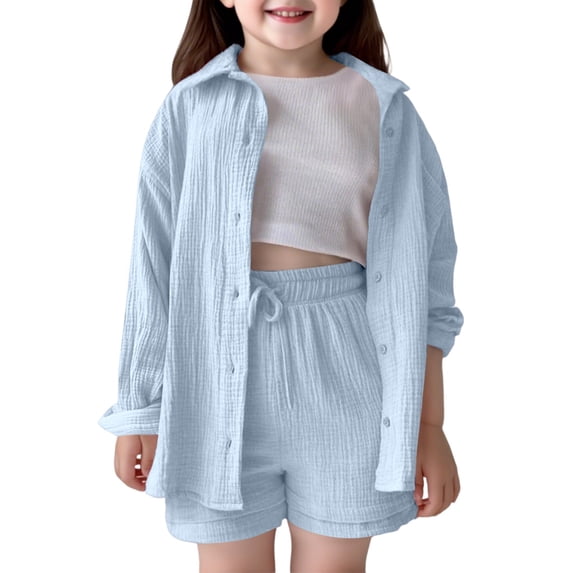 Byoo Big Girls Solid Outfit Set Crinkle Texture Long Sleeve Button Down Shirt Drawstring Shorts Cloth Set Comfortable Tracksuit