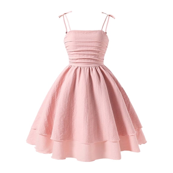 Byoo Big Girls' Spaghetti Strap Ruched Dress Solid Double Layered A-Line Party Dress Flared Skater Dress for Wedding Birthday