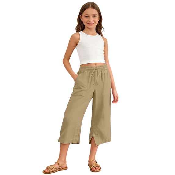 Byoo Big Girls Split Hem Capri Pants Drawstring Waist Beach Vacation Relaxed Fit Casual Cropped Trousers