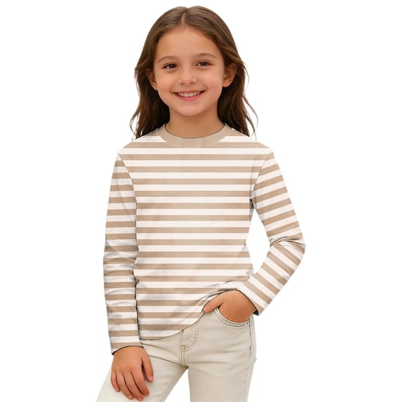 Byoo Big Girls Striped Crew Neck Long Sleeve T Shirt Soft Casual Everyday Tee for Kids,Khaki